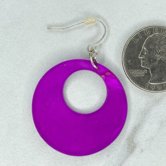 Purple Mother of Pearl Shell Dangle Silver Tone Earrings Pierced Pair - Picture 4 of 7